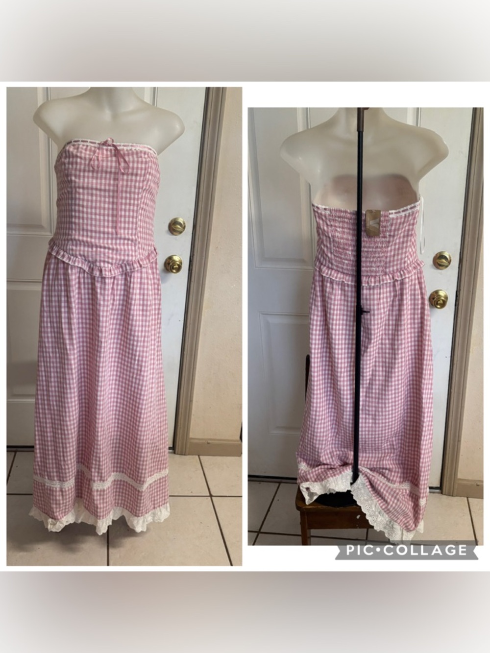 NWT Large Bailey Rose Chamomile Pink/White Ginghams strapless Maxi Dress.  RT 78